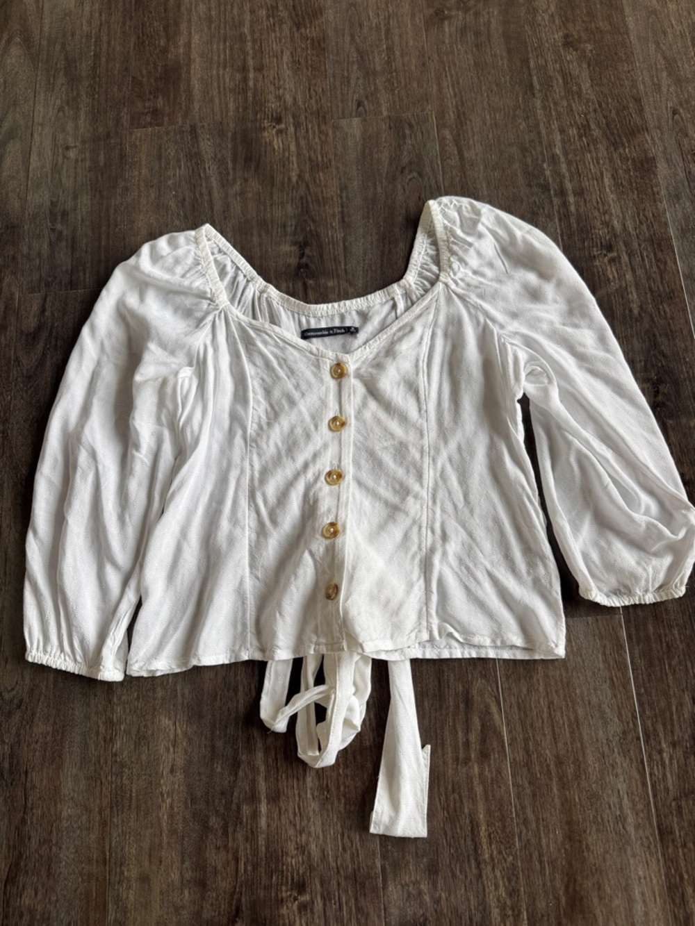 White Button-Front Peasant Tie-Front Top